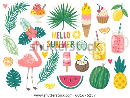 Set of cute summer icons: food, drinks, palm leaves, fruits and flamingo. Bright summertime poster. Collection of scrapbooking elements for beach party.