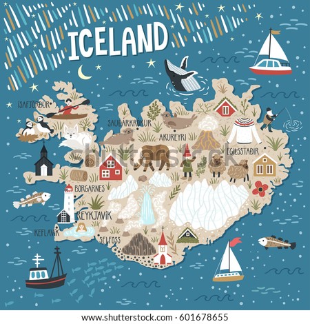 Vector stylized map of Iceland. Travel illustration with Iceland landmarks, people, animals and nature places