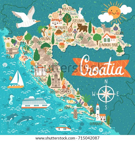 Vector stylized map of Croatia. Travel illustration with croatian landmarks, people, food and plants.