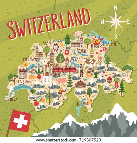 Vector stylized map of Switzerland. Travel illustration with swiss landmarks, nature, people, food and symbols.
