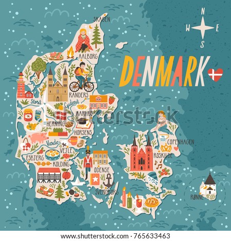 Vector stylized map of Denmark. Travel illustration with danish landmarks, people, food and animals.