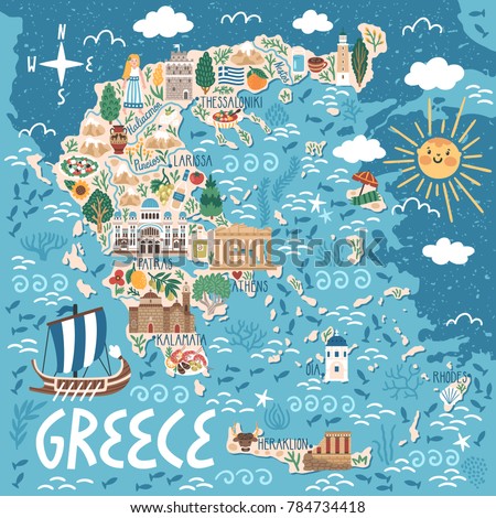 Vector stylized map of Greece. Travel illustration with greek landmarks, building, plants and traditional food.