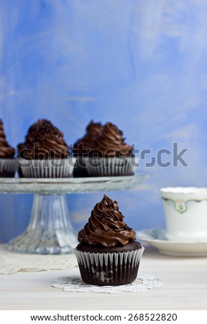 Chocolate and espresso cupcakes with chocolate swirl icing, selective focus