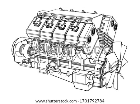 Vector illustration of a geometric polygonal V8 engine. Linear engine.