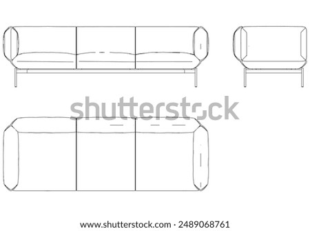 Sofa Line Vector Illustration. Different Views of Modern Sofa, Ideal for Furniture Design and Interior Concepts with Front, Side, and Top Views