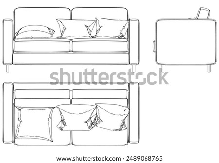 Sofa Line Vector Illustration. Different Views of Modern Sofa, Ideal for Furniture Design and Interior Concepts with Front, Side, and Top Views