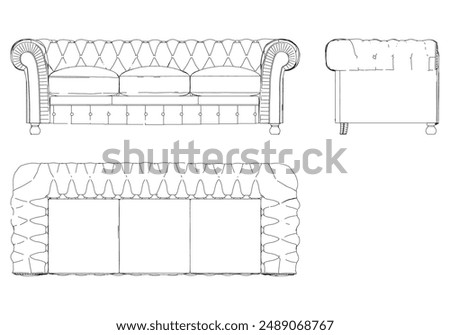 Sofa Line Vector Illustration. Different Views of Modern Sofa, Ideal for Furniture Design and Interior Concepts with Front, Side, and Top Views