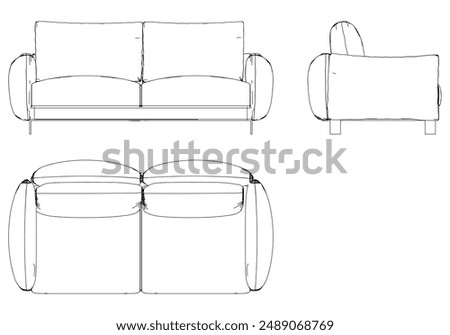 Sofa Line Vector Illustration. Different Views of Modern Sofa, Ideal for Furniture Design and Interior Concepts with Front, Side, and Top Views