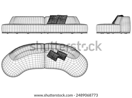 Sofa Line Vector Illustration. Different Views of Modern Sofa, Ideal for Furniture Design and Interior Concepts with Front, Side, and Top Views