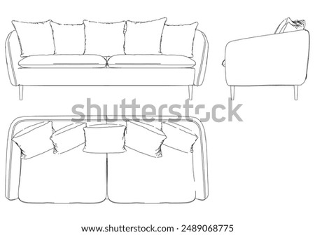 Sofa Line Vector Illustration. Different Views of Modern Sofa, Ideal for Furniture Design and Interior Concepts with Front, Side, and Top Views