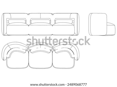 Sofa Line Vector Illustration. Different Views of Modern Sofa, Ideal for Furniture Design and Interior Concepts with Front, Side, and Top Views