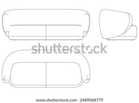 Sofa Line Vector Illustration. Different Views of Modern Sofa, Ideal for Furniture Design and Interior Concepts with Front, Side, and Top Views