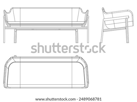 Sofa Line Vector Illustration. Different Views of Modern Sofa, Ideal for Furniture Design and Interior Concepts with Front, Side, and Top Views