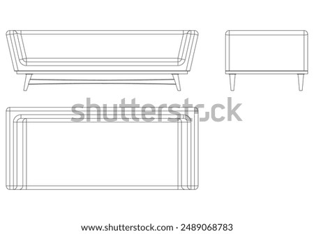 Sofa Line Vector Illustration. Different Views of Modern Sofa, Ideal for Furniture Design and Interior Concepts with Front, Side, and Top Views