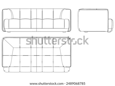 Sofa Line Vector Illustration. Different Views of Modern Sofa, Ideal for Furniture Design and Interior Concepts with Front, Side, and Top Views