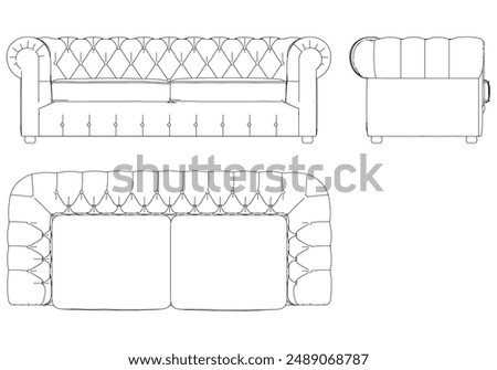 Sofa Line Vector Illustration. Different Views of Modern Sofa, Ideal for Furniture Design and Interior Concepts with Front, Side, and Top Views