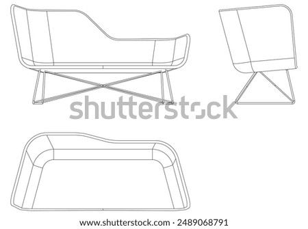 Sofa Line Vector Illustration. Different Views of Modern Sofa, Ideal for Furniture Design and Interior Concepts with Front, Side, and Top Views