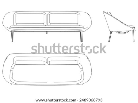 Sofa Line Vector Illustration. Different Views of Modern Sofa, Ideal for Furniture Design and Interior Concepts with Front, Side, and Top Views