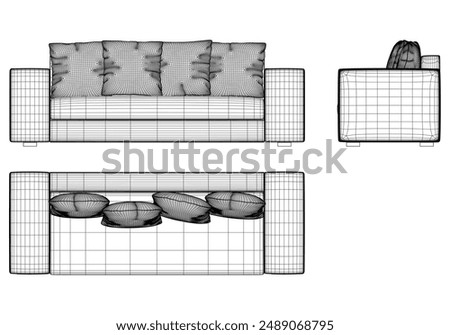 Sofa Line Vector Illustration. Different Views of Modern Sofa, Ideal for Furniture Design and Interior Concepts with Front, Side, and Top Views