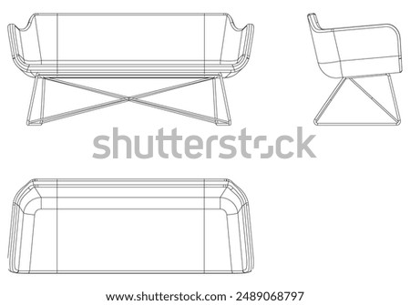 Sofa Line Vector Illustration. Different Views of Modern Sofa, Ideal for Furniture Design and Interior Concepts with Front, Side, and Top Views