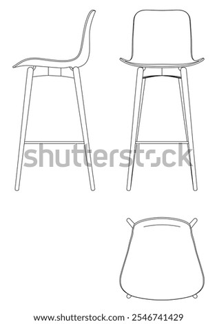 Bar Chair, Bar stool editable vector illustration on white background. chair Line art, clip art, Fancy Chair, Hand-drawn design elements with Front, Side, and Top Views