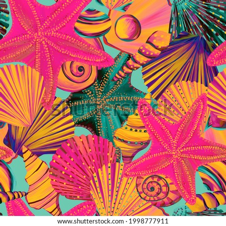 Seamless pattern with seashells and starfishes in bright colors. Seashells marine pattern. Sea background. Summer vacation pattern with different shells and starfishes. Ocean wallpaper. Neon colors