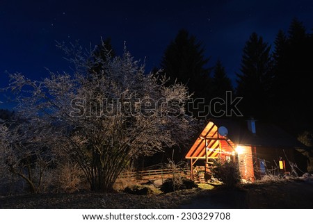 Small lit cabin by the forest in the middle of the night, Slovenia
