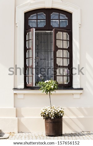 Large open wooden window in the wall of the palace, pot with blooming flowers.