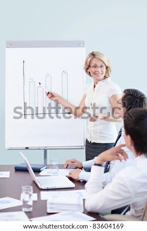 Mature woman shows a graph of the staff