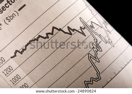 Close-up of chart section of a rolled up financial newspaper page. Selective focus, with graph disappearing into black background.