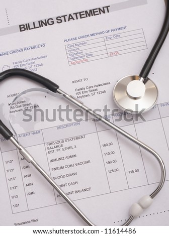 Stethoscope on medical billing statement, all text is anonymous