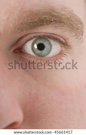 Macro closeup of blue eye on young man face