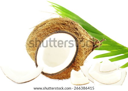 coconut cut and whole with leaves in pure white background