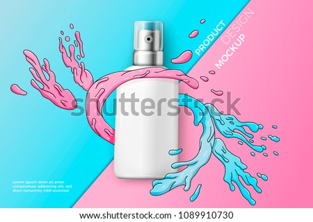 Vector 3d realistic cosmetic spray bottle on bright modern paper background with doodle splashes. Mock-up for product package branding.