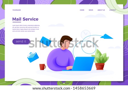 Vector illustration mail service concept - cartoon man with computer sending letters online, isolated on white background. Banner, site, poster template with place for your text.