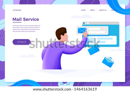 Vector illustration mail service concept - cartoon man on browser screen checking mailbox online, isolated on white background. Banner, site, poster template with place for your text.