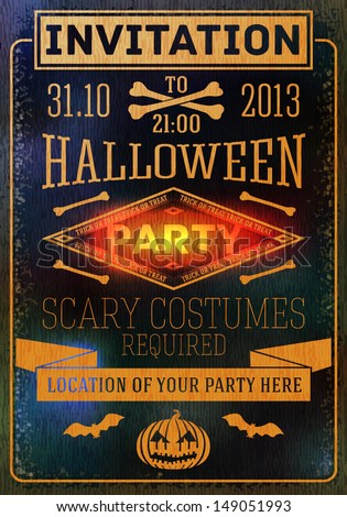 Invitation to halloween party with bats, bones and pumpkins. With place for your text of party location. Vector