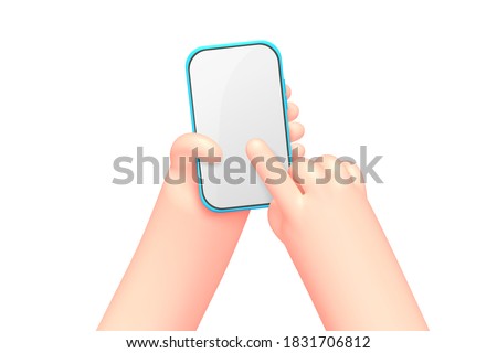Vector cartoon hands with smart phone, scrolling or searching for something, isolated on white background. Application, service concept illustration.