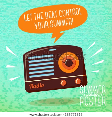 Cute summer poster - radio playing cool music, with speech bubble for your text. Vector.