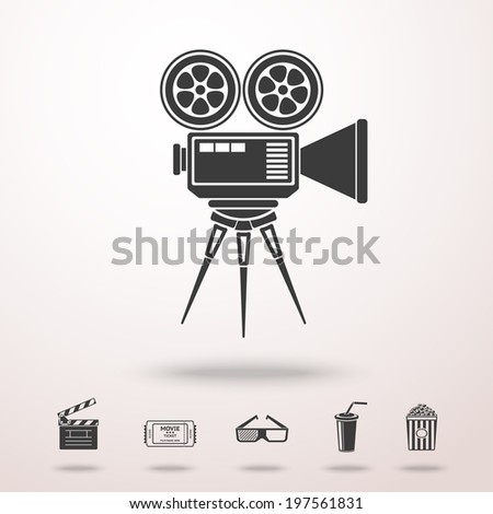 Cinema camera detailed vector monochrome icon in the air with shadow. With set of cinema icons - Film clapperboard, ticket, 3D glasses, plastic cup with straw, popcorn.