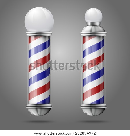 Realistic vector - two different old fashioned vintage silver and glass barber shop poles with red, blue and white stripes. Isolated on grey background, for design and branding. 