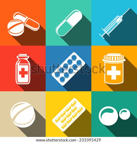 Medicine (drugs) white flat icons set with long shadows - pills box, tablets, pill, blister, vitamins, syringe, liquid medicine.
