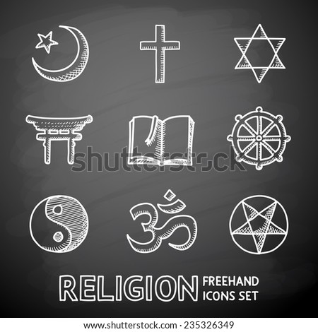 World religion hand drawn on a chalk board symbols set with - christian, Jewish, Islam, Buddhism, Hinduism, Taoism, Shinto, pentagram, and book as symbol of doctrine.