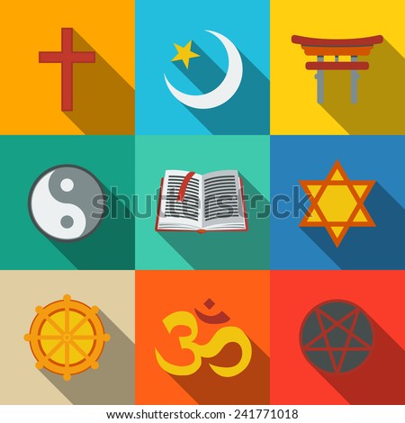 World religion symbols flat set with - christian, Jewish, Islam, Buddhism, Hinduism, Taoism, Shinto, pentagram, and book as symbol of doctrine.