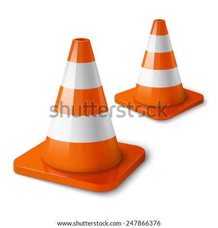 Realistic vector - orange road cones with stripes.