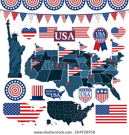 Set Of Usa Symbols, Flags, And Maps With States. Vector - 264928958 ...