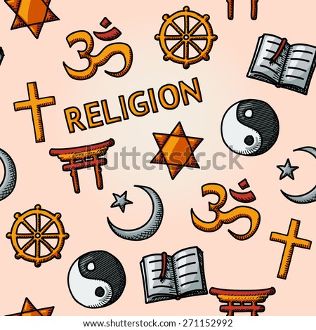 World religion hand drawn seamless pattern with - christian, Jewish, Islam, Buddhism, Hinduism, Taoism, Shinto, and book as symbol of doctrine.
