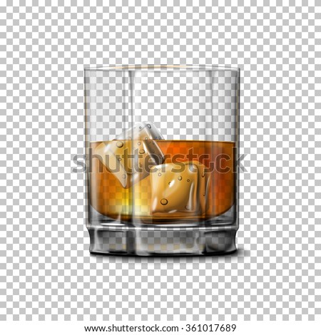 Transparent realistic Vector glass with smokey Scotch Whiskey and ice isolated. Glass and drink for every background.