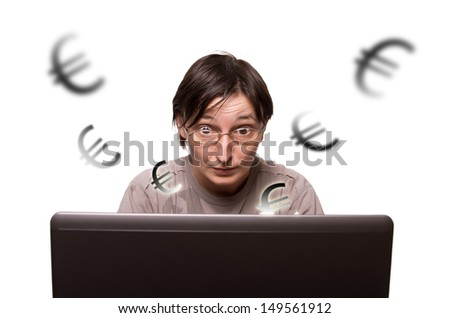 Surprised business woman browsing on laptop, euro signs around. Business concept. Isolated on white background.