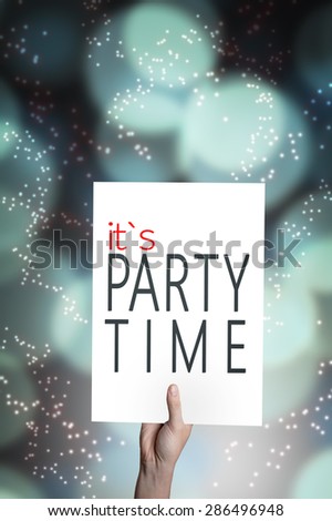 It\'s Party Time card on colorful background with defocused lights